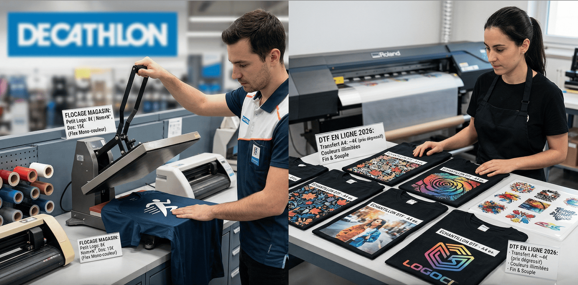 Prix flocage en magasin (Decathlon, Intersport, Go Sport) vs DTF en ligne : comparatif honnête 2026
