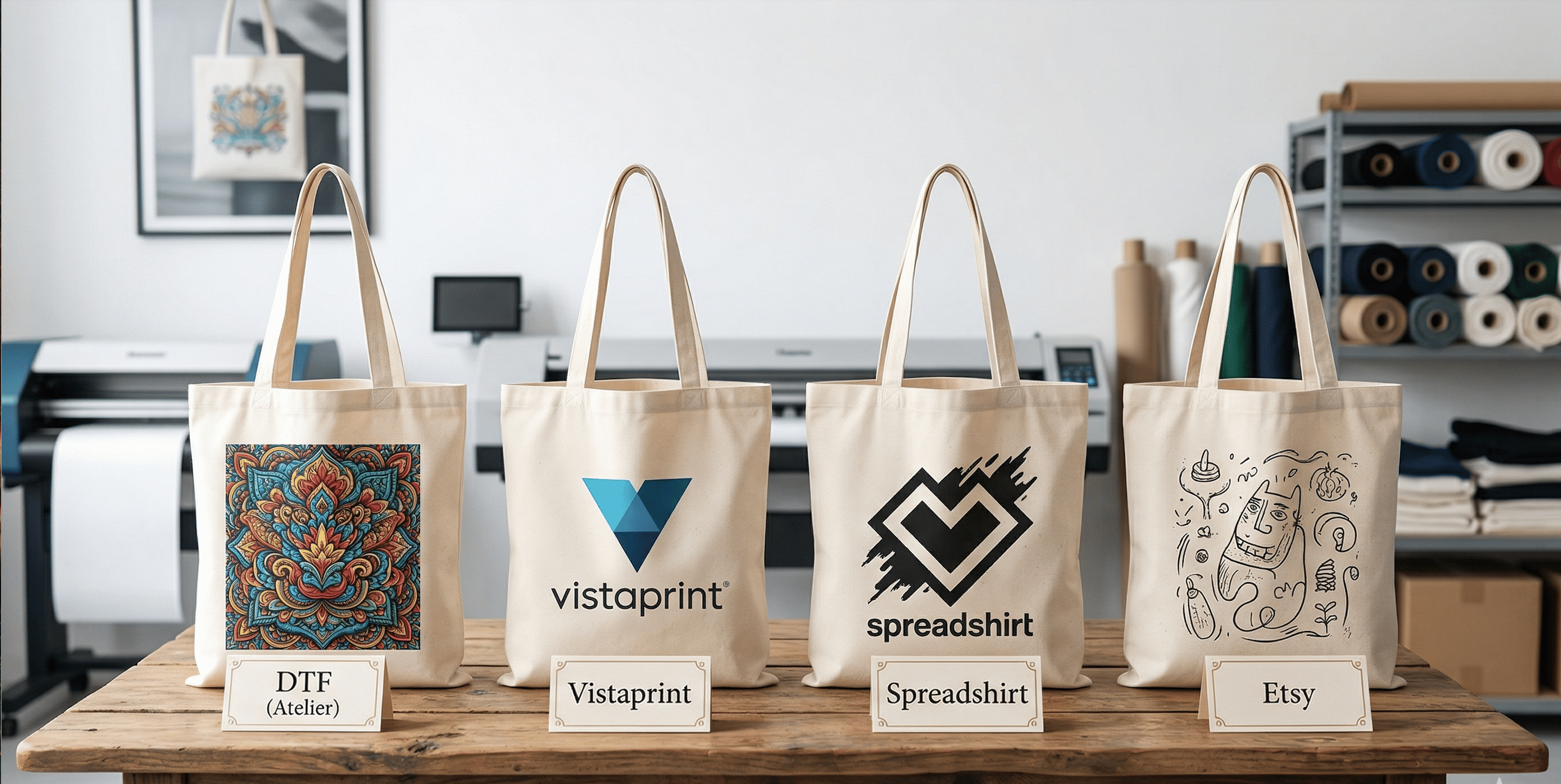 Tote bag personnalisé pas cher : DTF vs Vistaprint, Spreadshirt et Etsy — comparatif honnête 2026