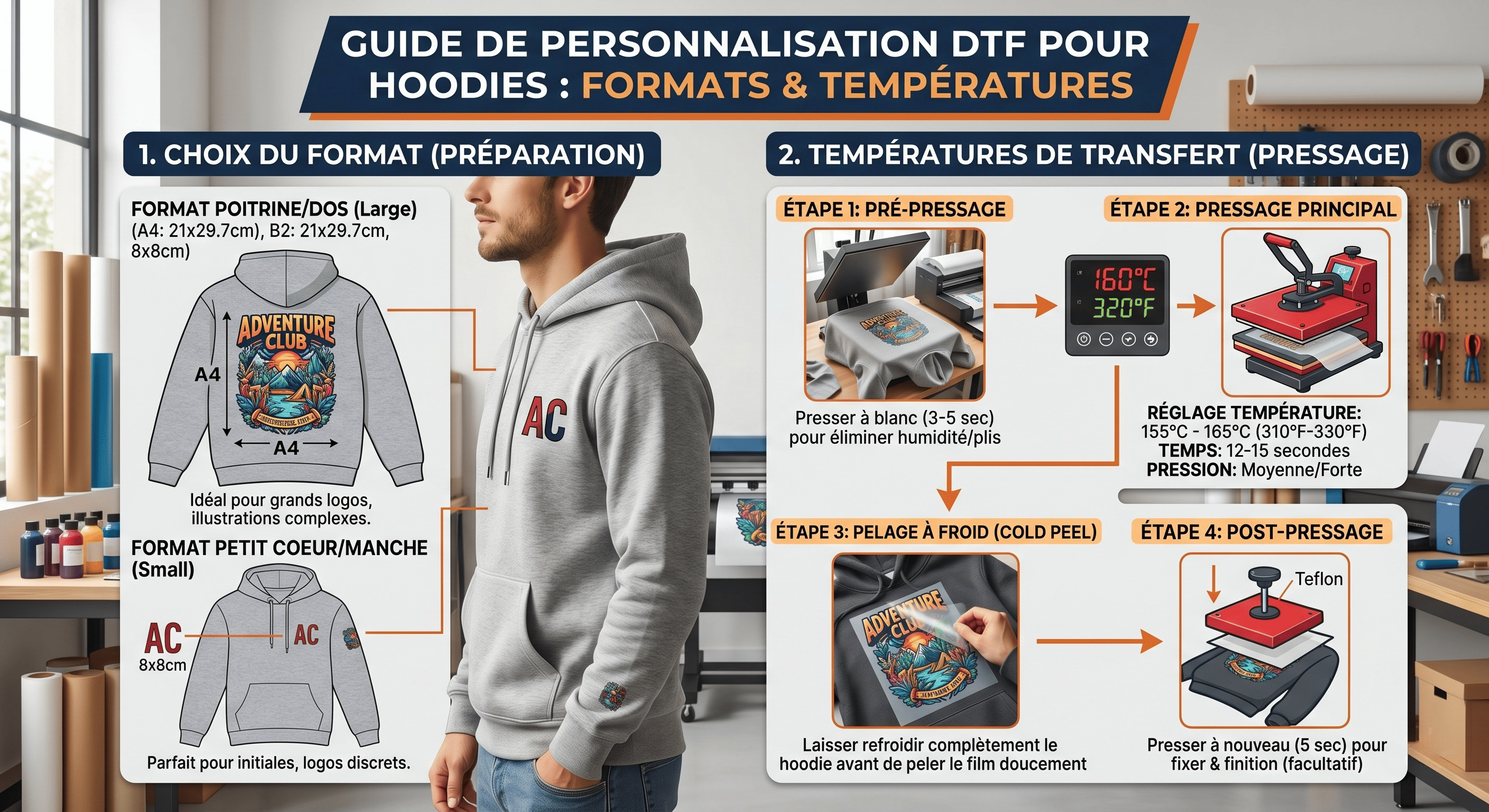Sweat et hoodie personnalisé DTF : guide des formats, températures et astuces d'application